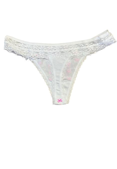 Chiloti Dama, Tanga , Dantelă Alba cu Imprimeu Fundițe Roz, Engros